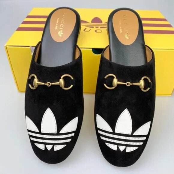 Gucci X Adidas Trefoil Slipper Loafer Flat Black Suede Size 37 New in Box - Picture 1 of 11